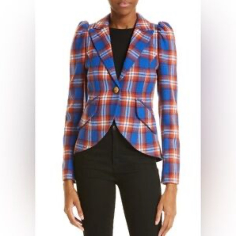 Smythe Pouf Sleeve One Button Blazer In Carmine Plaid With Whiskey
